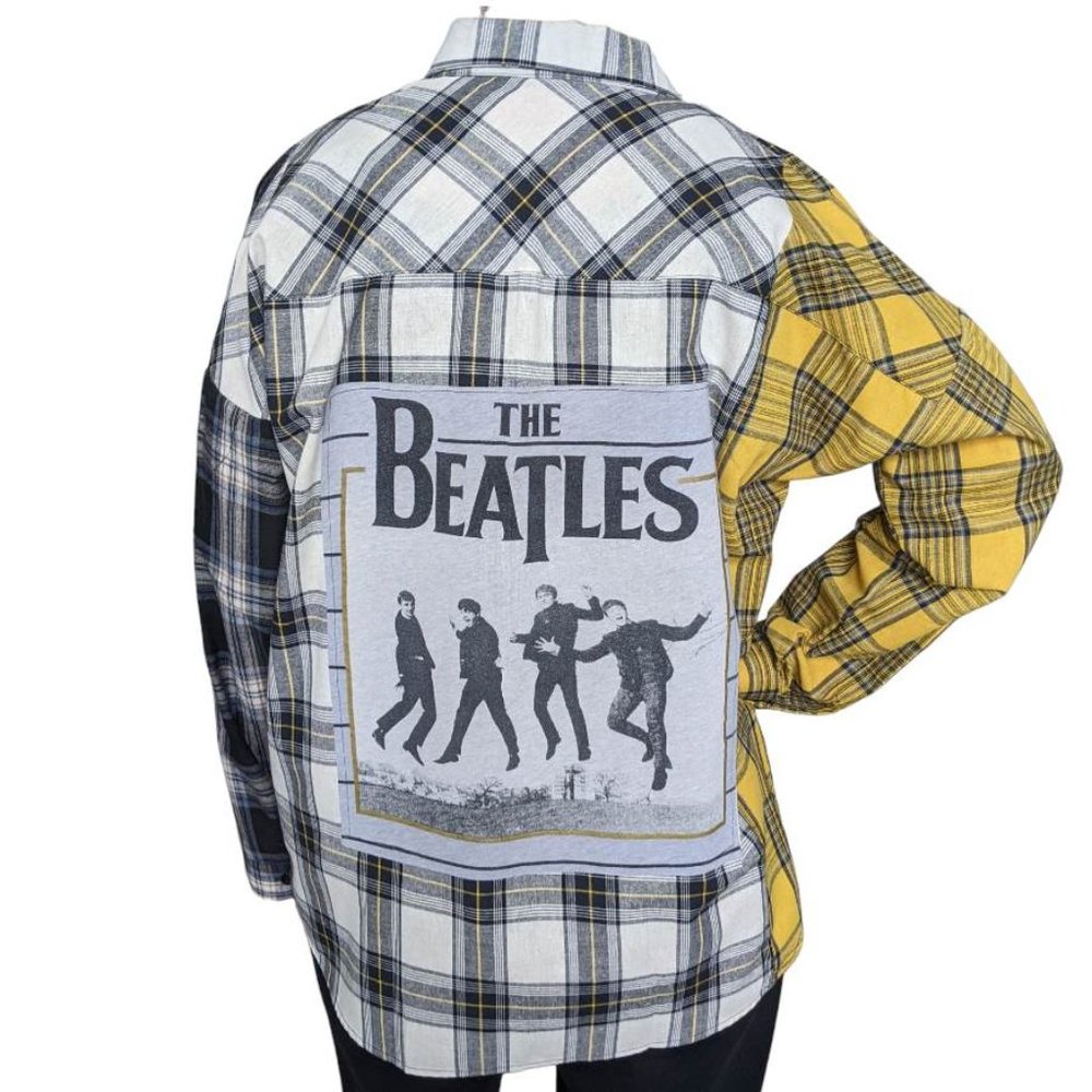The Beatles Music Band NWOT Custom Upcycled Flannel Button Down Shirt Sz XL
